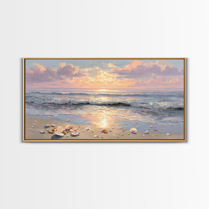 Glowing Seashell Ocean Sunrise Canvas Print, Coastal Wall Art, Beach House Decor, Nautical Seascape, Gift For Her, Living Room Art