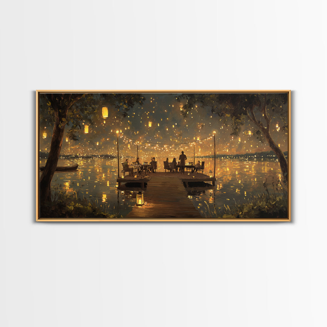 Romantic Evening Dinner On Lake Pier With Lanterns Glowing Warm Light Canvas Print Home Decor Wall Art