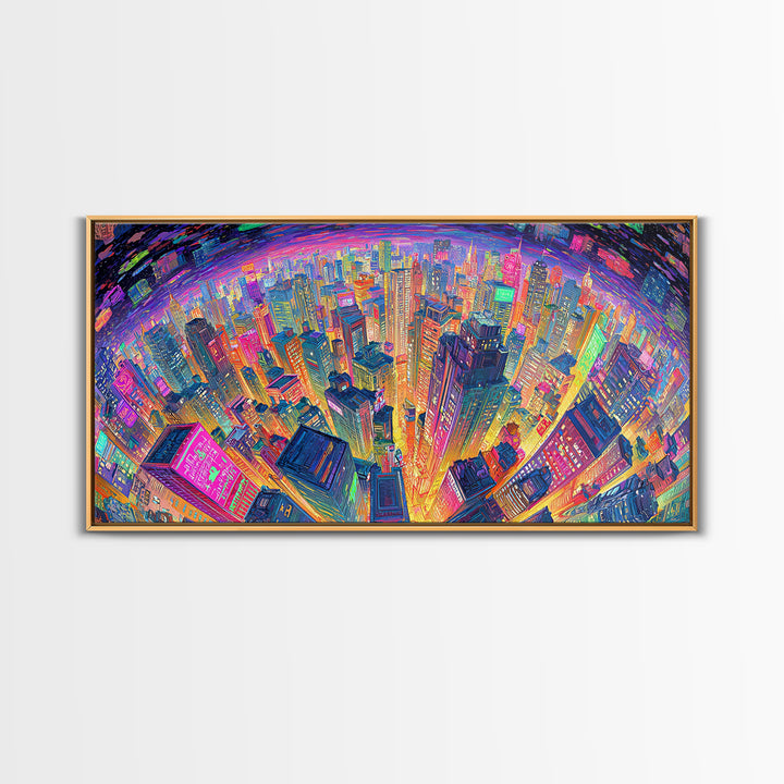 Vibrant Cityscape At Night With Neon Lights Wall Art Framed Canvas Print Modern Urban Wall Decor