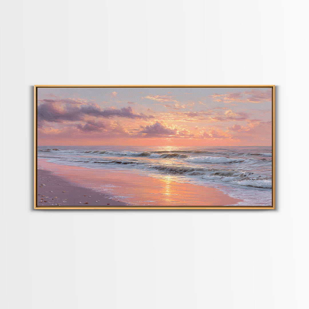 Pink Sunset Ocean Waves Wall Art, Romantic Coastal Decor, Beach House Seascape Canvas, Large Living Room Wall Art, Gift For Her