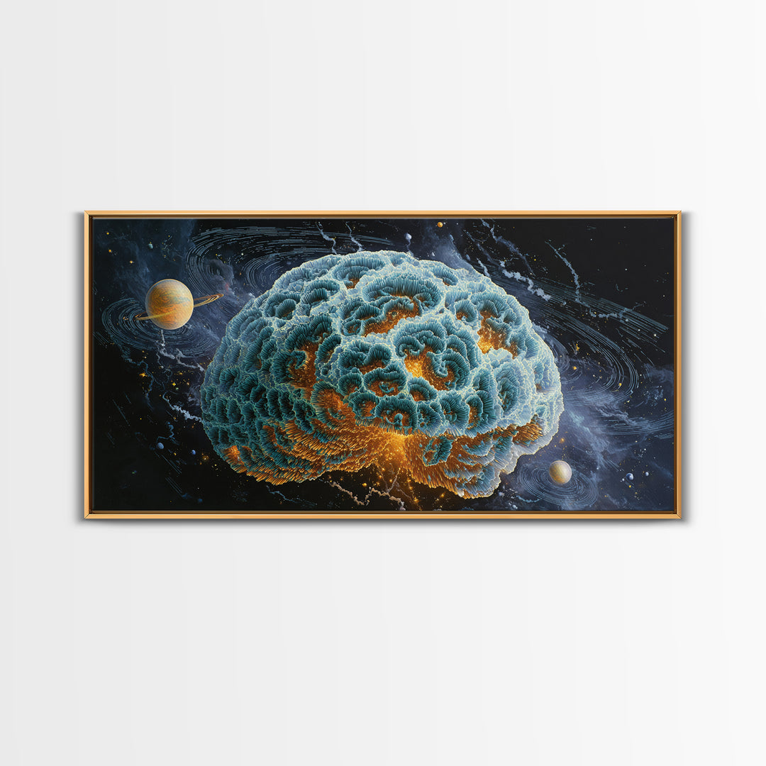 Surreal Cosmic Brain With Orbiting Planets And Vibrant Details Abstract Digital Wall Art Framed Canvas Print For Modern Home Decor