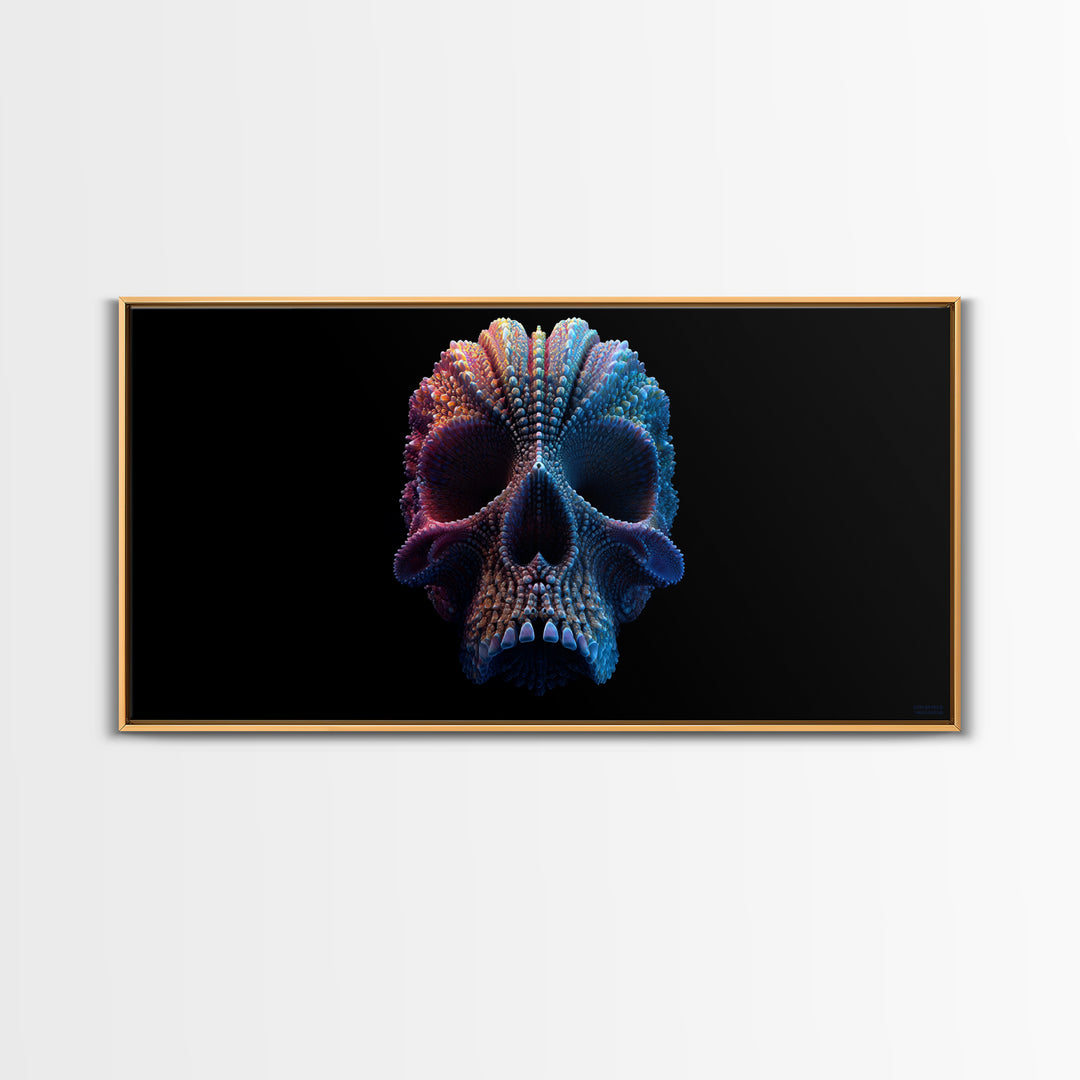 3D Digital Art Skull Sculpture In Moody Blue And Purple Tones Dark Abstract Wall Art Canvas Print For Gothic Home Decor