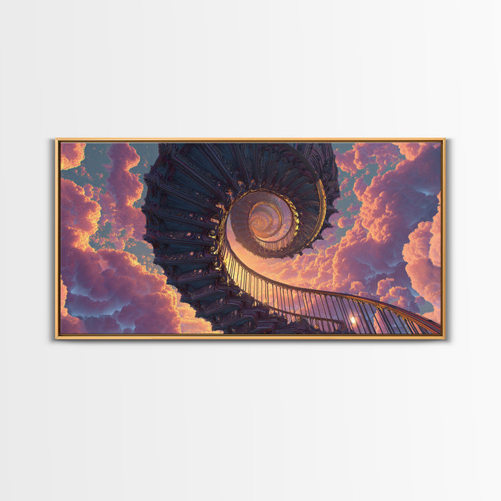 Surreal Spiral Staircase To Sunset Sky With Warm Clouds Canvas Print Dreamy Wall Art For Home Decor