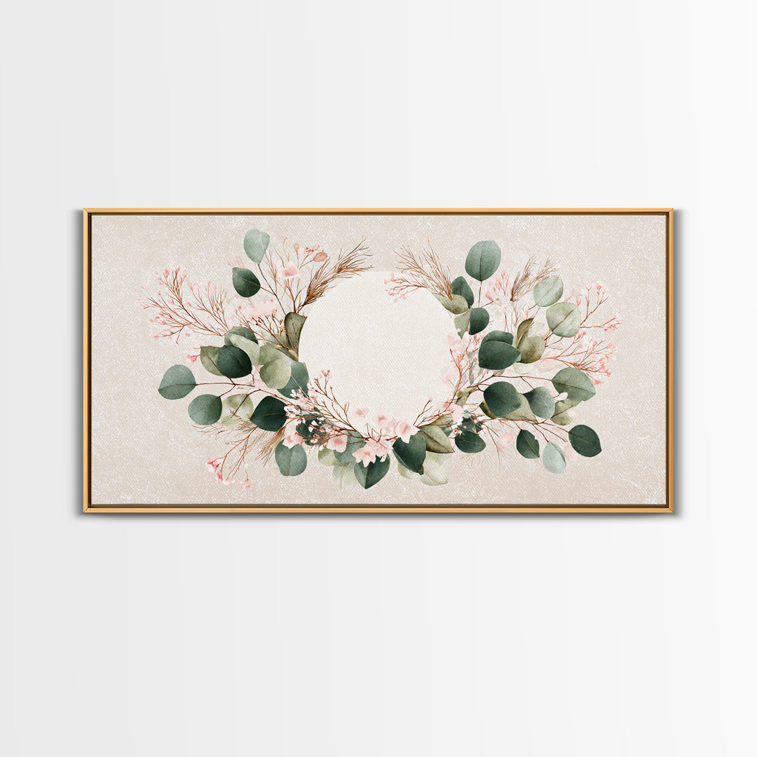 Eucalyptus Floral Wreath Wall Art, Botanical Greenery Print, Neutral Boho Home Decor, Living Room Above Bed Horizontal Canvas