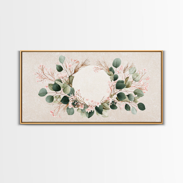 Eucalyptus Floral Wreath Wall Art, Botanical Greenery Print, Neutral Boho Home Decor, Living Room Above Bed Horizontal Canvas