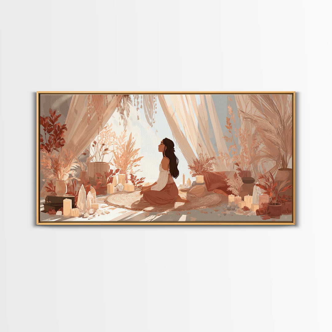 Sunlit Boho Meditation Room With Woman And Crystals Canvas Print, Spiritual Yoga Decor, Serene Feminine Wall Art Gift For Her