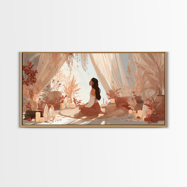 Sunlit Boho Meditation Room With Woman And Crystals Canvas Print, Spiritual Yoga Decor, Serene Feminine Wall Art Gift For Her