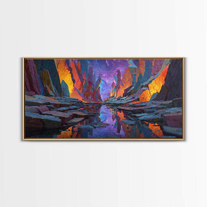 Vibrant Surreal Landscape With Fiery Rock Formations Reflected In Water Large Wall Art Framed Canvas Print