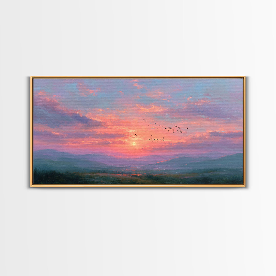 Pink Sunset Mountain Valley Landscape Canvas Print, Misty Nature Wall Art, Large Living Room Decor, Peaceful Housewarming Gift