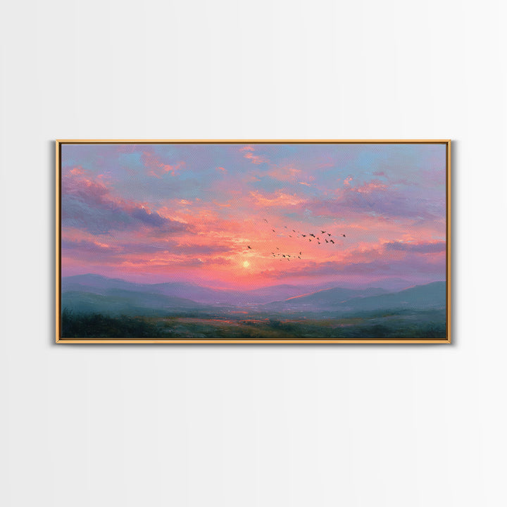 Pink Sunset Mountain Valley Landscape Canvas Print, Misty Nature Wall Art, Large Living Room Decor, Peaceful Housewarming Gift
