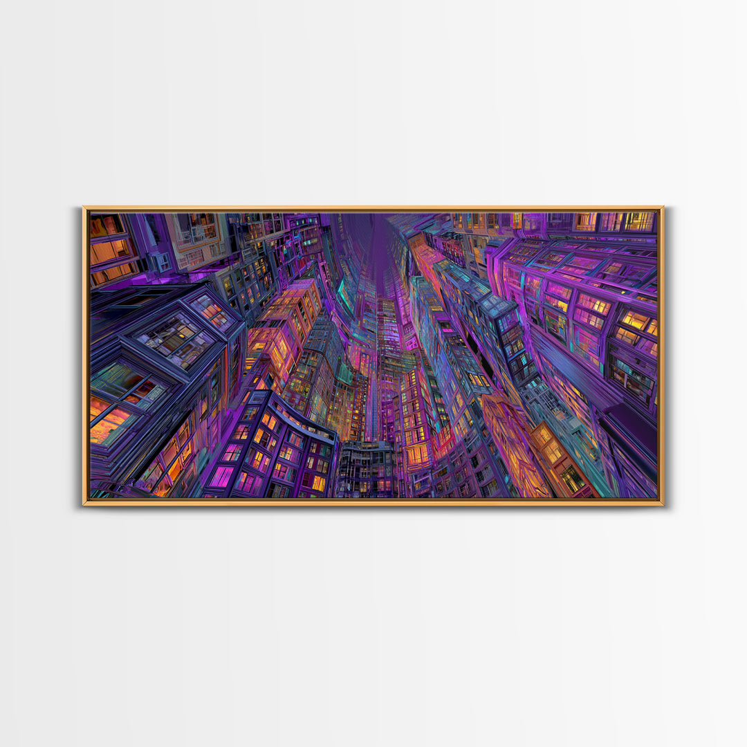 Vibrant Neon Cityscape With Tall Skyscrapers Artistic Wall Art Print, Colorful Urban Home Decor, Modern Framed Canvas Print
