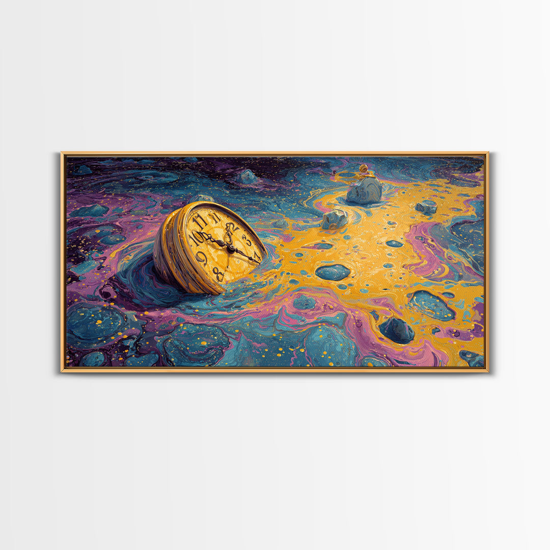 Surreal Abstract Time Melting Clock In Vibrant Blue And Gold Swirling Colors Contemporary Wall Art Printed Canvas Print