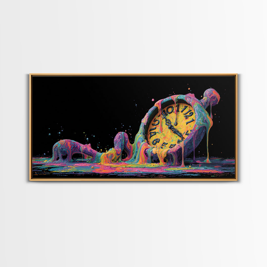 Melting Colorful Clock Surreal Wall Art Framed Canvas Print Abstract Art Home Decor Unique Gift