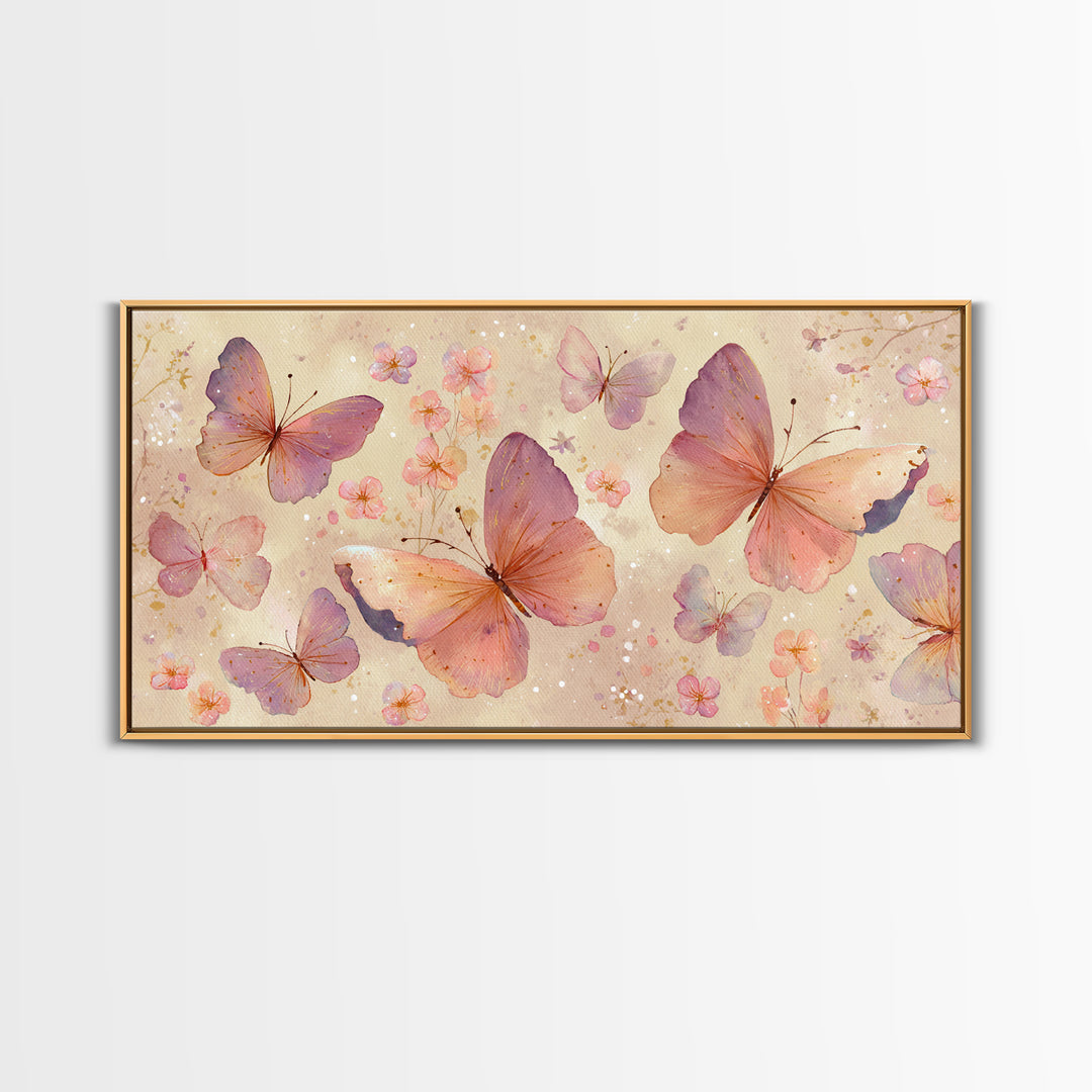 Blush Pink Butterflies And Tiny Flowers Wall Art, Pastel Canvas Print, Whimsical Nursery Bedroom Decor, Feminine Gift For Her