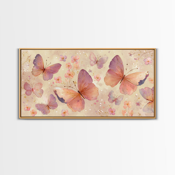 Blush Pink Butterflies And Tiny Flowers Wall Art, Pastel Canvas Print, Whimsical Nursery Bedroom Decor, Feminine Gift For Her