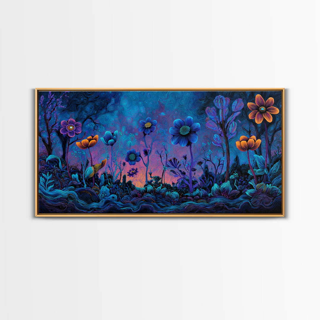 Whimsical Blue And Purple Flowers Digital Painting Vibrant Floral Wall Art Framed Canvas Print For Bedroom Or Living Room Decor