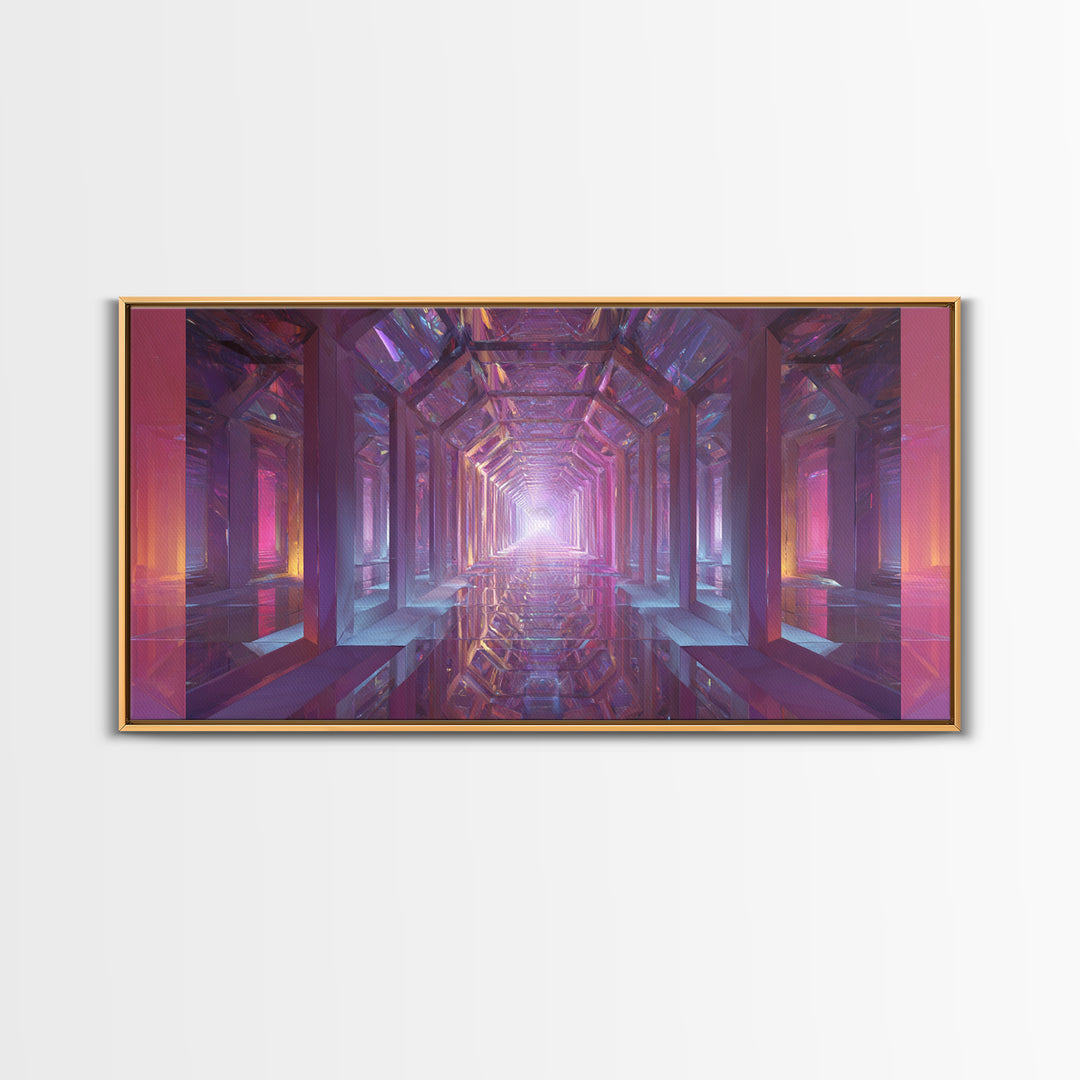 Futuristic Abstract Tunnel With Neon Lights And Mirrors Surreal Digital Art Wall Art Canvas Print