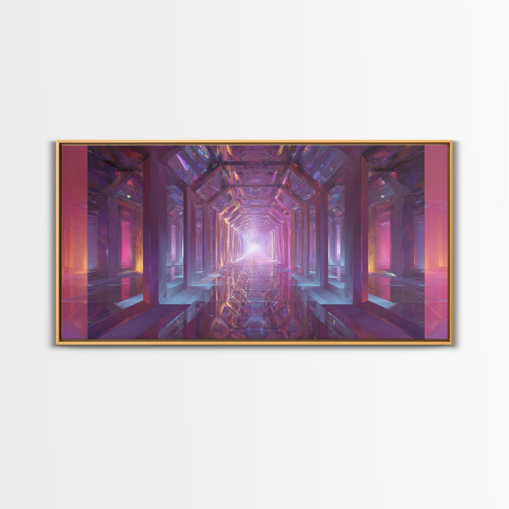 Futuristic Abstract Tunnel With Neon Lights And Mirrors Surreal Digital Art Wall Art Canvas Print