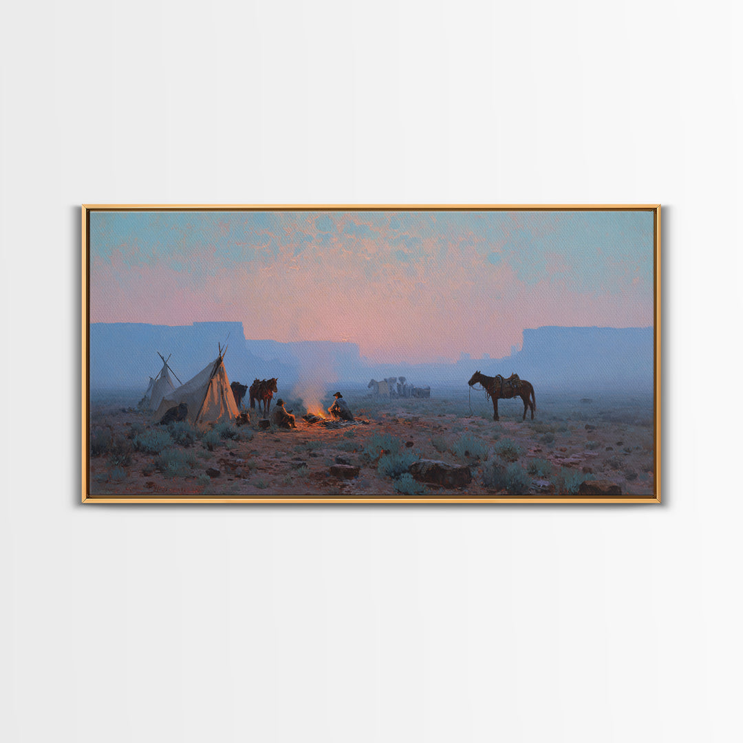 Rustic Cowboy Campfire Scene Oil Painting Wall Art Showcasing Western Lifestyle With Horses For Farmhouse Living Room Decor Framed Canvas Print