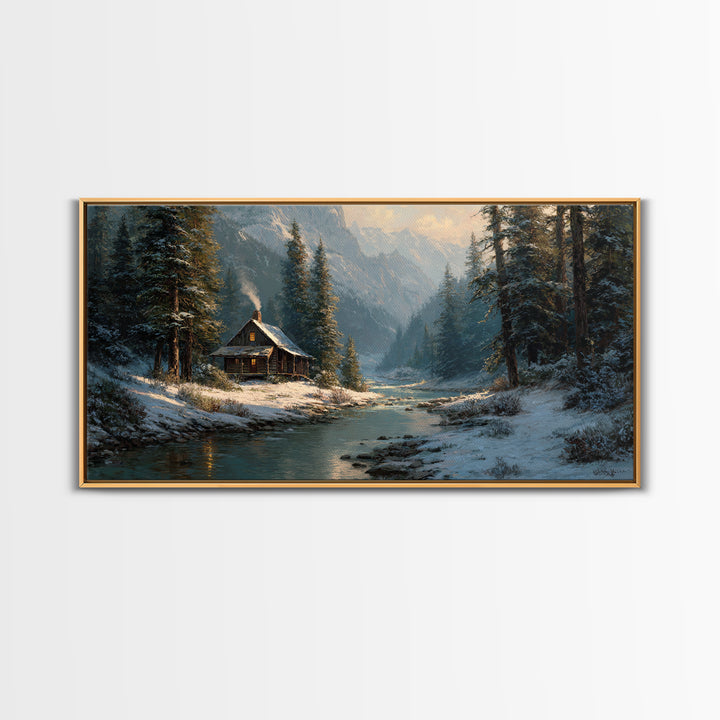 Rustic Winter Landscape Painting Of Cabin Beside Snowy Stream Large Wall Art Original Painting Canvas Print