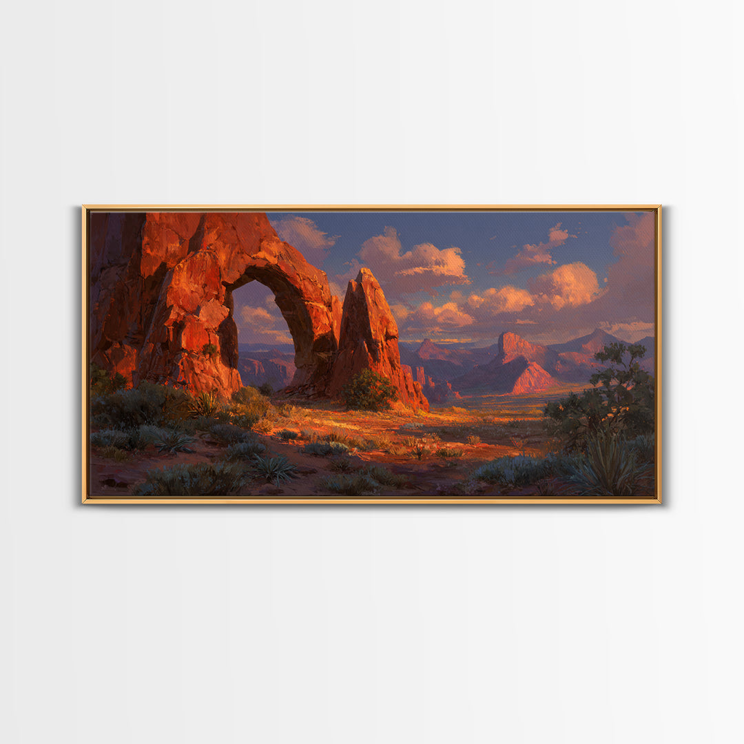 Sunlit Red Rock Arch In Desert Landscape Stunning Warm Tones Southwestern Wall Art For Living Room Decor Framed Canvas Print