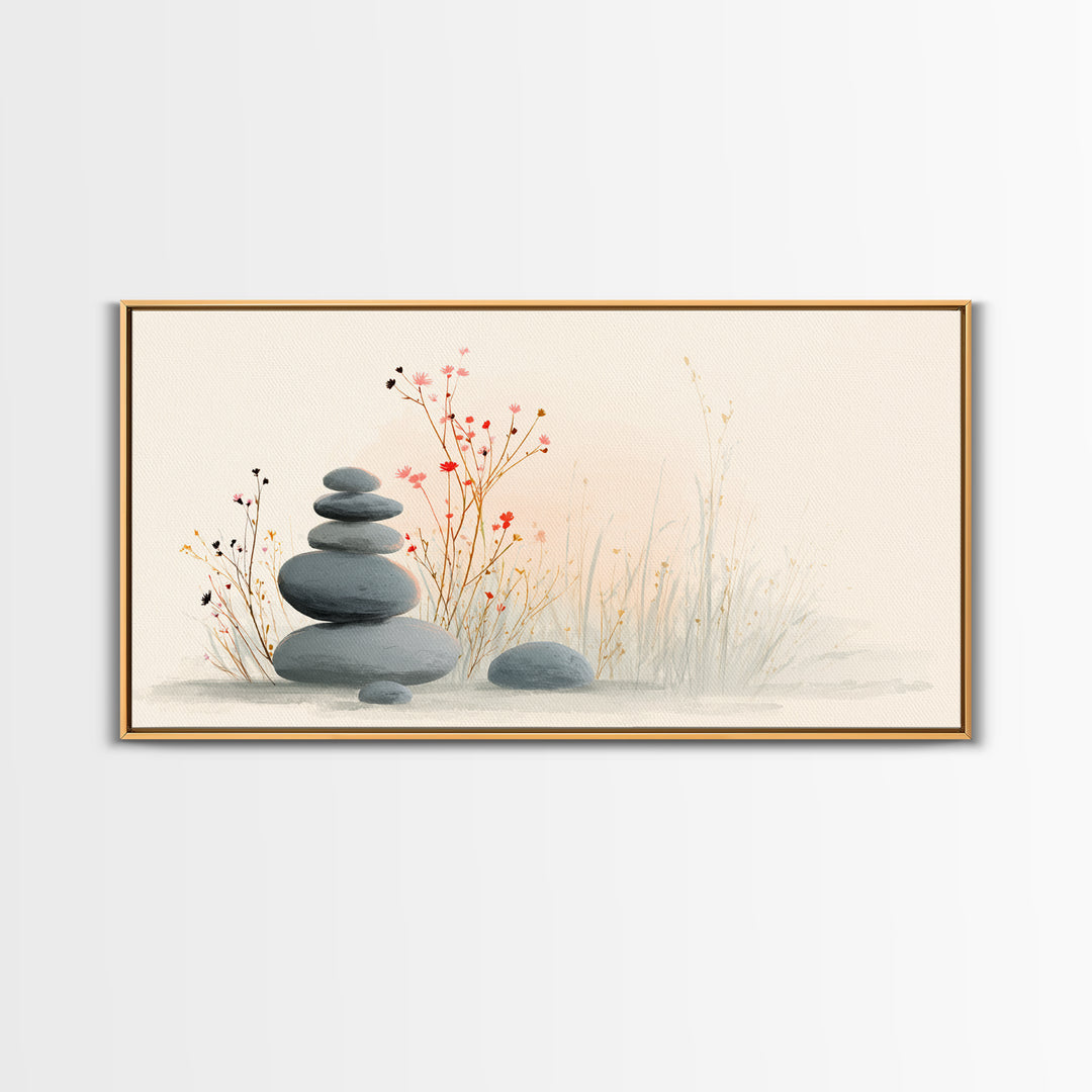 Stacked Zen Stones With Delicate Botanicals Wall Art, Minimalist Spa Decor, Calming Meditation Room Canvas Print, Neutral Home Decor