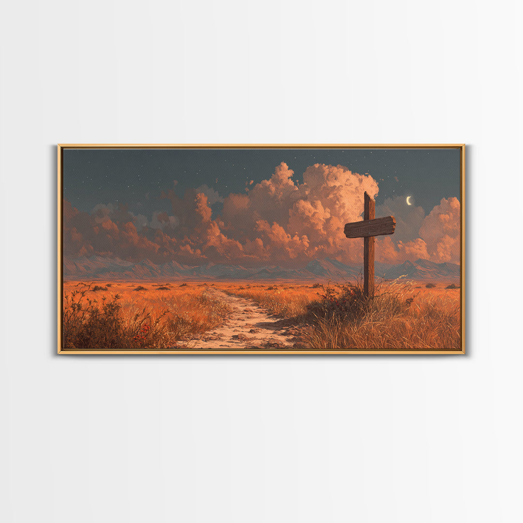 Tranquil Desert Landscape Sunlit Path With Cross Wall Art Sunset Painting Canvas Print Home Decor