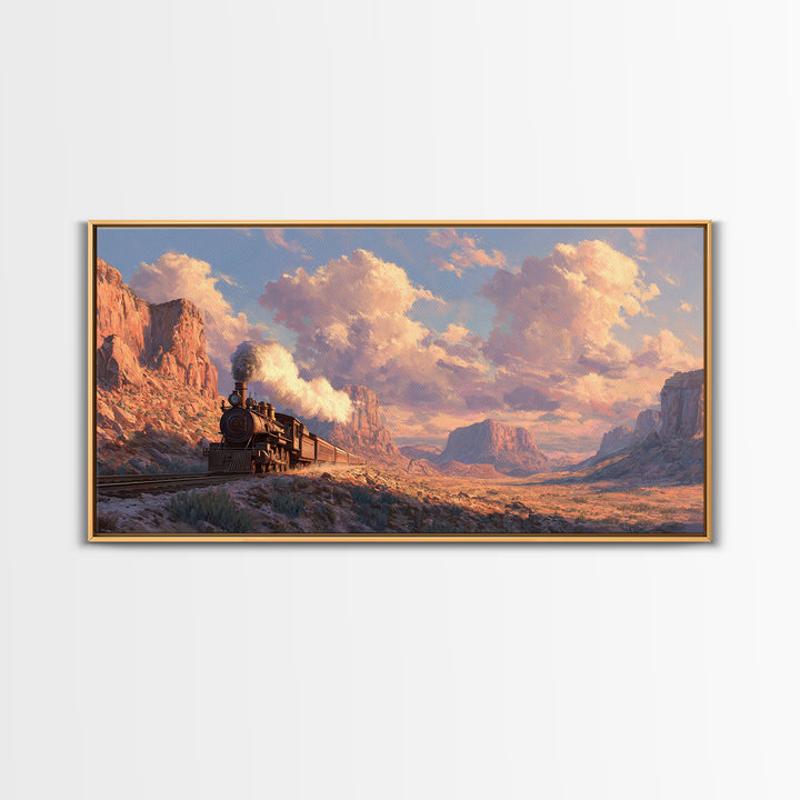Vintage Steam Locomotive Train Crossing Desert Canyon Landscape Painting Canvas Print Rustic Wall Art