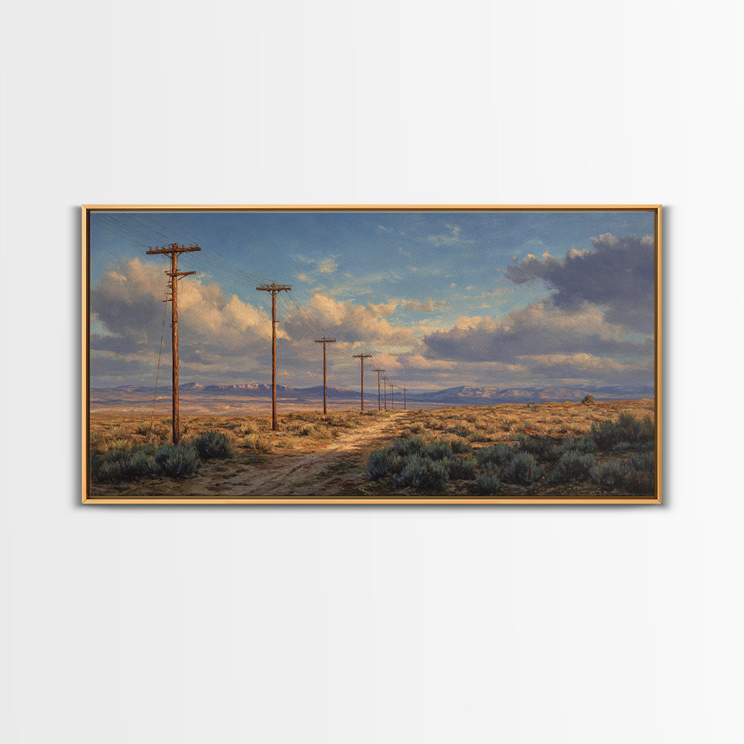 Desert Landscape With Power Poles Under Dramatic Sky Oil Painting Large Wall Art For Home Decor
