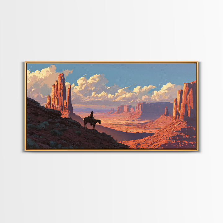 Cowboy On Horse Overlooking Majestic Red Rock Canyon Landscape Wall Art Framed Canvas Print For Rustic Home Decor