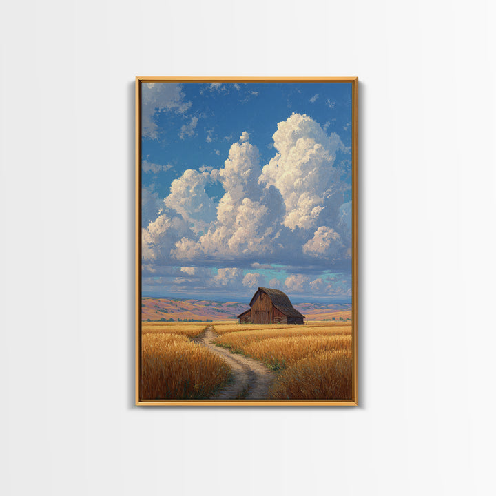 Quiet Serenity Of Rustic Barn In Golden Field Under Expansive Sky Wall Art Framed Canvas Print