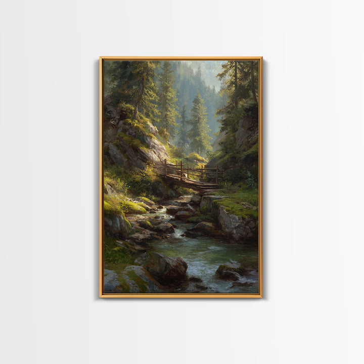 Peaceful Forest Stream Landscape Oil Painting With Bridge And Sunlight Fine Art Print Wall Art