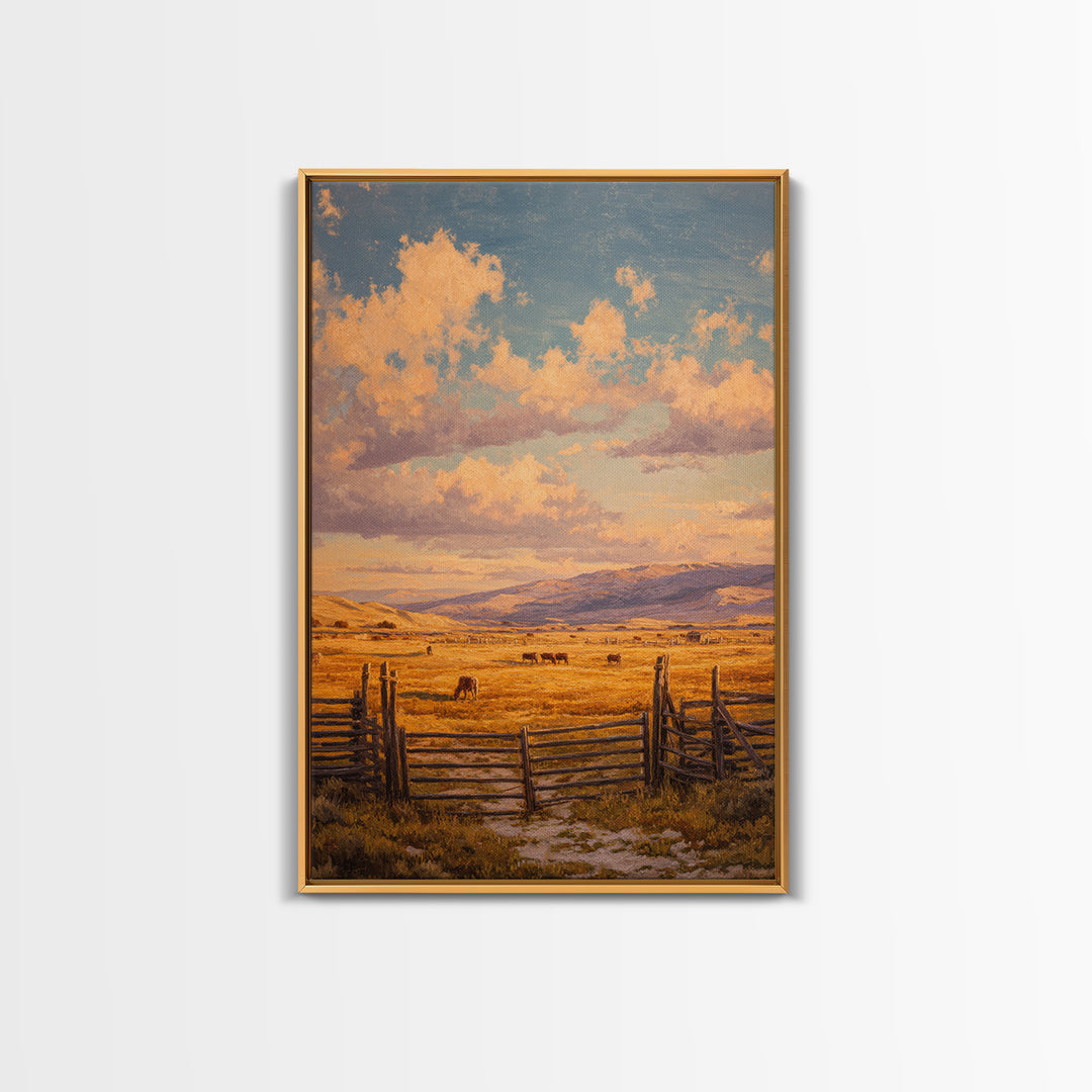 Classic Rural Landscape Oil Painting Rustic Farmhouse Scene With Fence And Cows Large Wall Art Framed Canvas Print