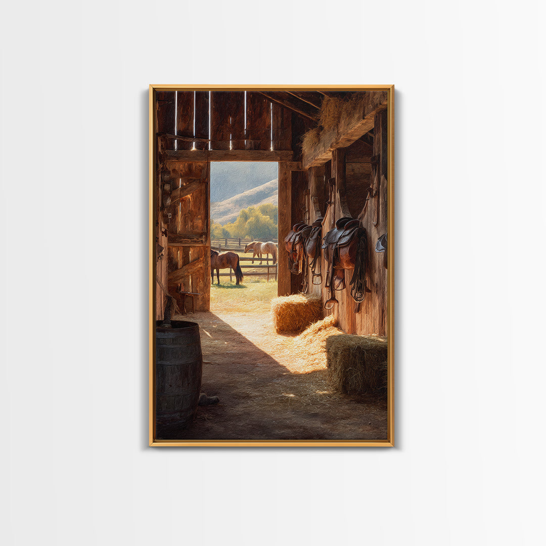 Warm Countryside Barn Interior With Horses Rustic Wall Art Framed Canvas Print Cozy Farmhouse Home Decor