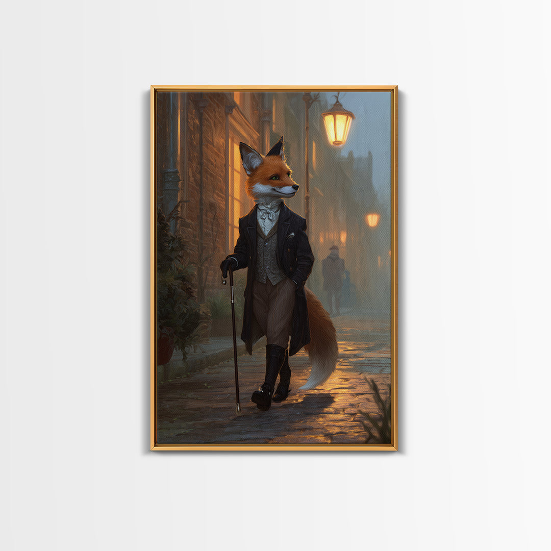 Victorian Fox Strolling Gaslit Street Wall Art, Dapper Animal Portrait, Dark Academia Decor, Whimsical Living Room Print