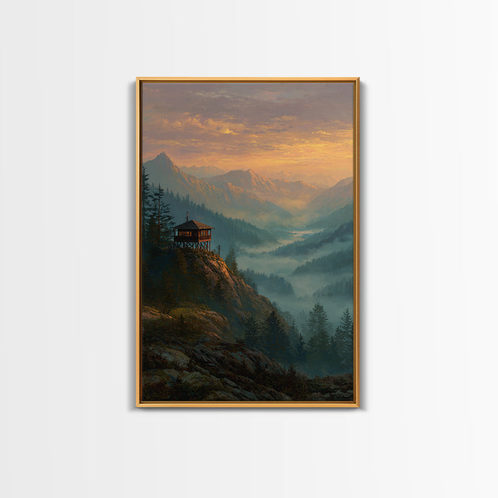 Serene Mountain Landscape At Sunset With Wooden Cabin Wall Art Framed Canvas Print For Living Room Decor
