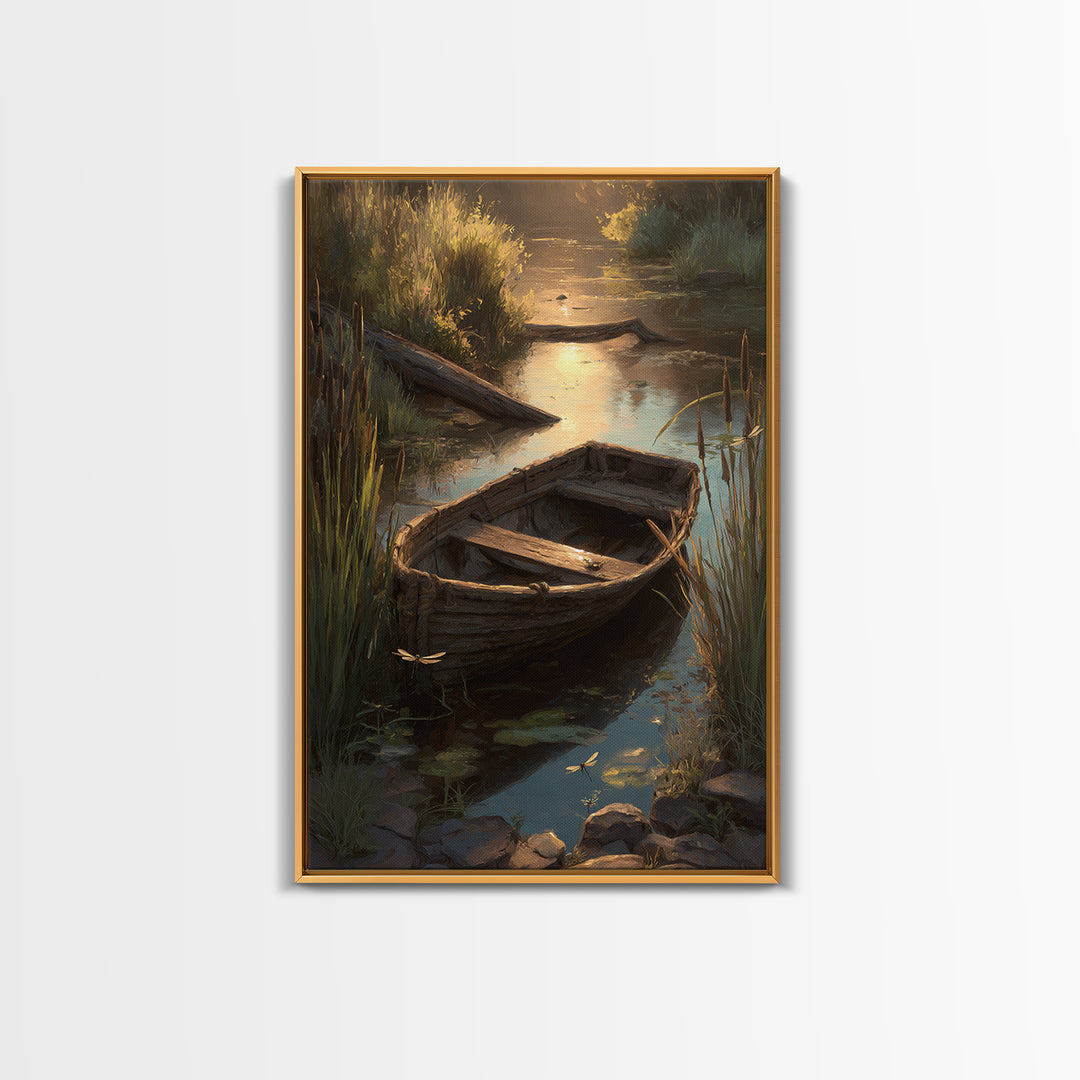 Serene Landscape Oil Painting Of Old Wooden Boat On Calm Water With Dragonflies Wall Art Framed Canvas Print