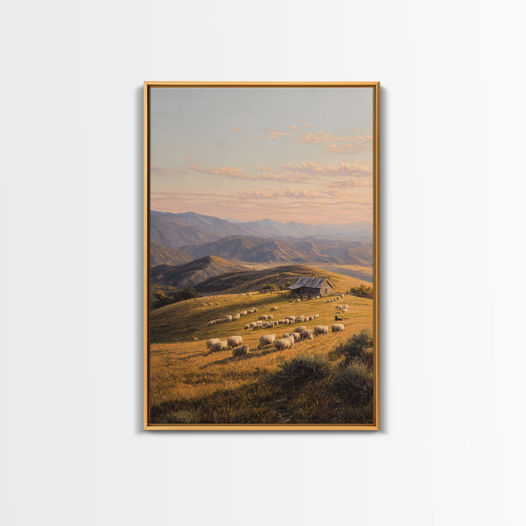 Golden Pastoral Sheep Field Landscape Wall Art Canvas Print Large Rustic Home Decor Countryside Painting Original Art