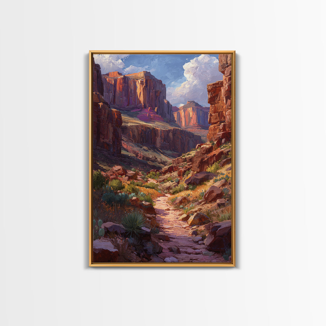 Grand Canyon Landscape Oil Painting Portrait Of Canyon Rocks Blue Sky And Path Trail Large Wall Art For Living Room Decor