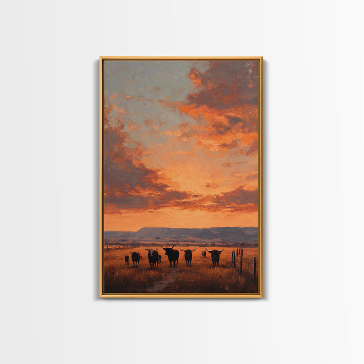 Rustic Western Sunset Landscape Painting With Longhorn Cows Framed Canvas Print For Country Home Decor And Farmhouse Wall Art
