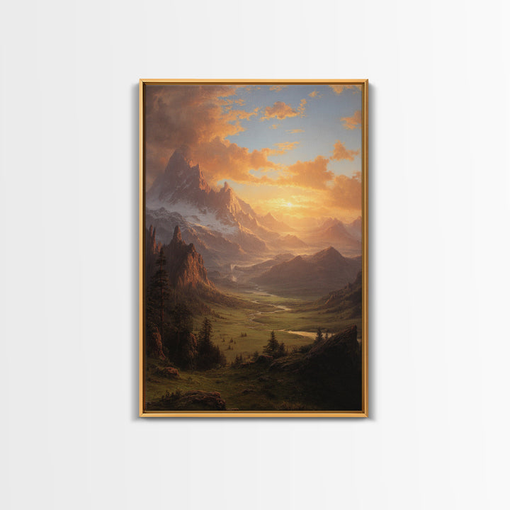 Romantic Mountain Valley Landscape Painting At Sunset Wall Art Print For Living Room Decor Framed Canvas Print Nature Home Decor