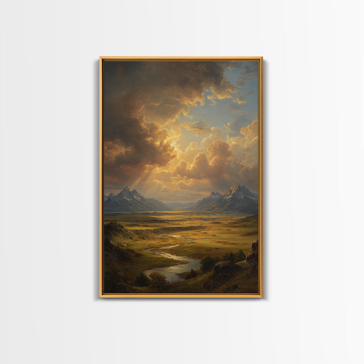 Sunlight Rays Breaking Through Cloudy Sky Over Vast Mountain Valley Framed Canvas Print For Nature Lovers
