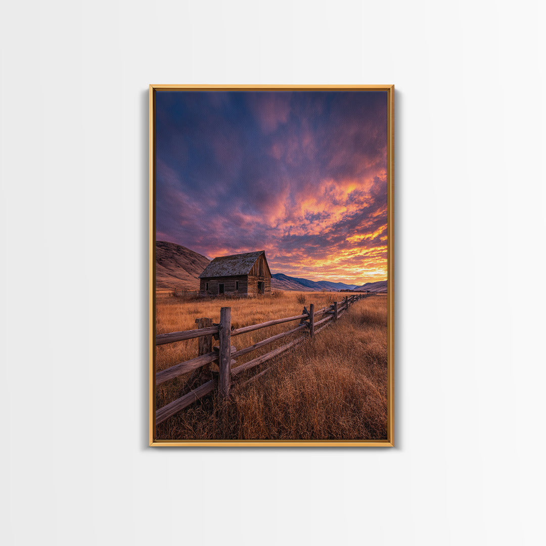 Tranquil Mountain Cabin And Boat By Lake Landscape Oil Painting - Framed Canvas Print Rustic Wall Art For Home Decor