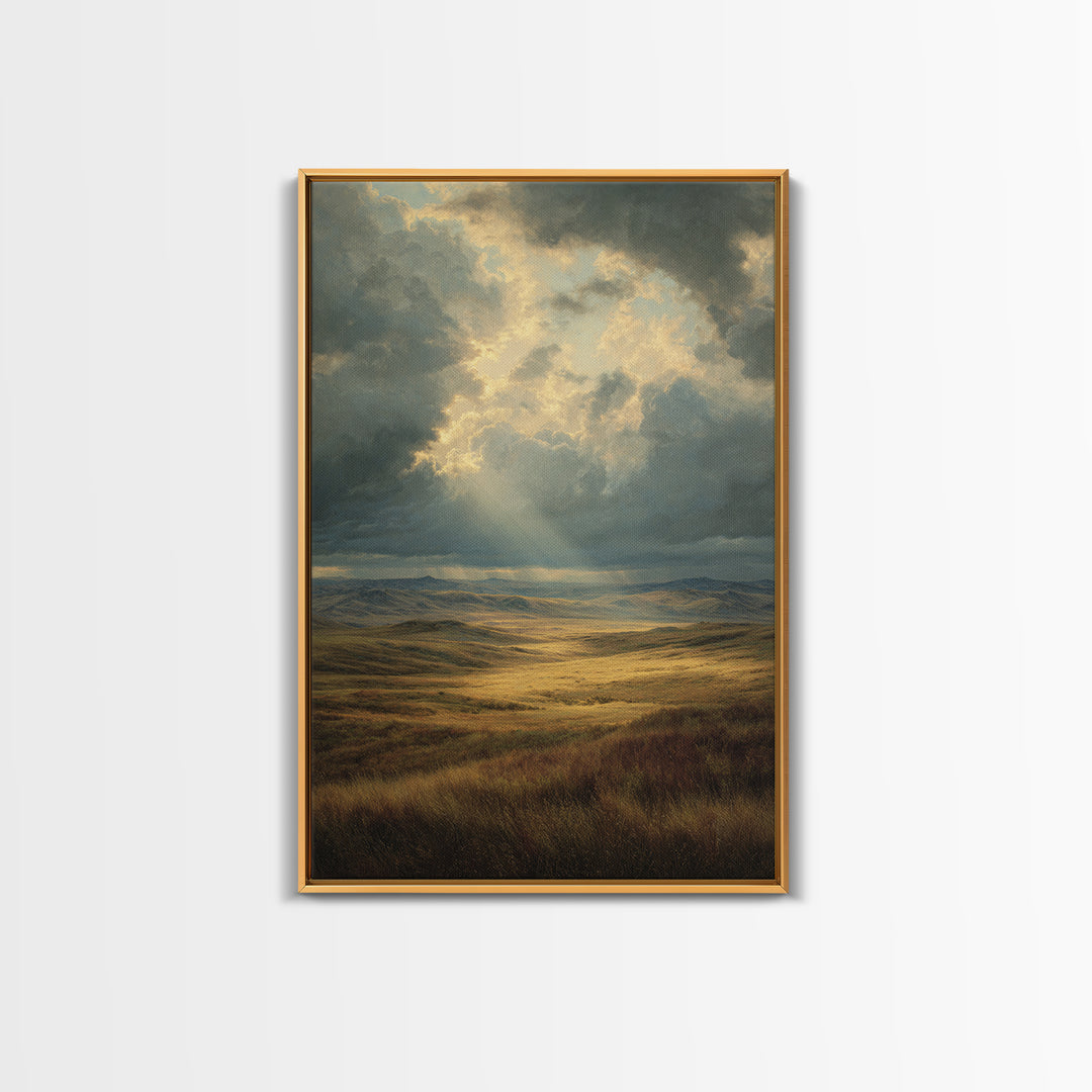 Magnificent Sunbeam Over Vast Meadow Landscape Painting Wall Art Large Canvas Print For Rustic And Farmhouse Decor