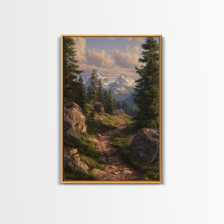Cozy Sunrise Mountain Trail Landscape Canvas Print Rustic Wall Art With Sunlit Pines And Rocks For Cabin Or Living Room Decor