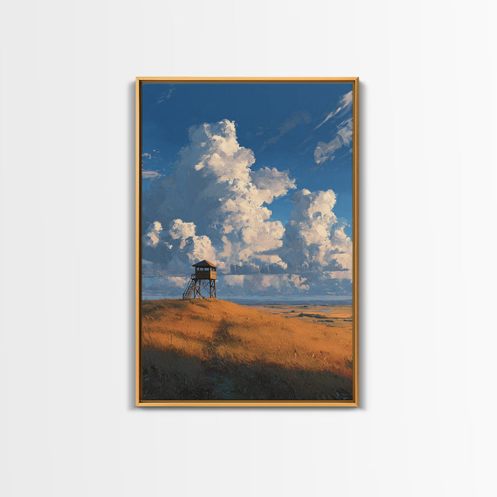 Blue Sky With Clouds Over Rustic Watchtower In Field Landscape Wall Art Original Canvas Print