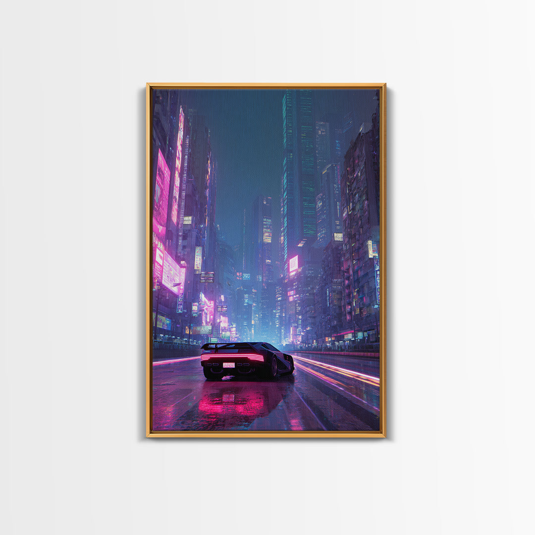 Futuristic Cyberpunk Car Racing Through Neon Lit Rainy City Streets Canvas Print For Trendy Wall Art