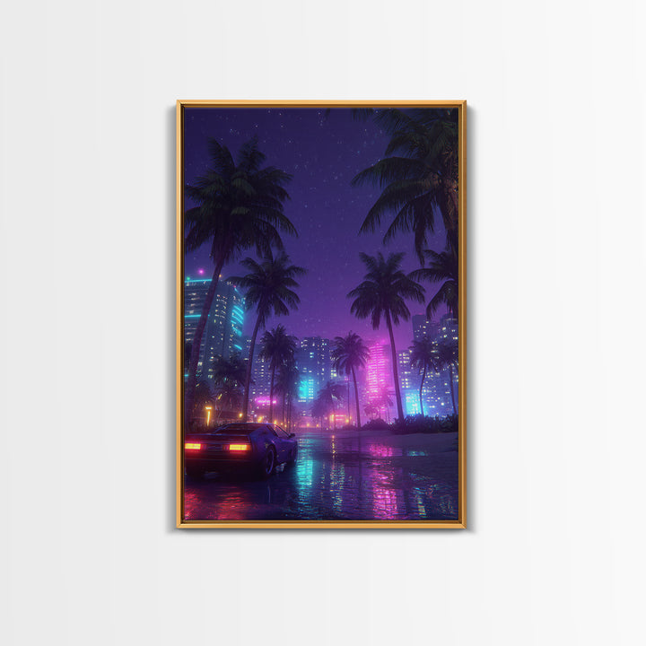 Neon Cityscape With Palm Trees And Retro Sports Car Large Wall Art Framed Canvas Print Vibrant Modern Home Decor