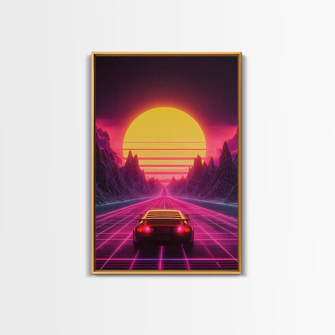 Retro Futuristic Neon Sunset Landscape With Car Driving On Road Wall Art Canvas Print Modern Home Decor For Living Room