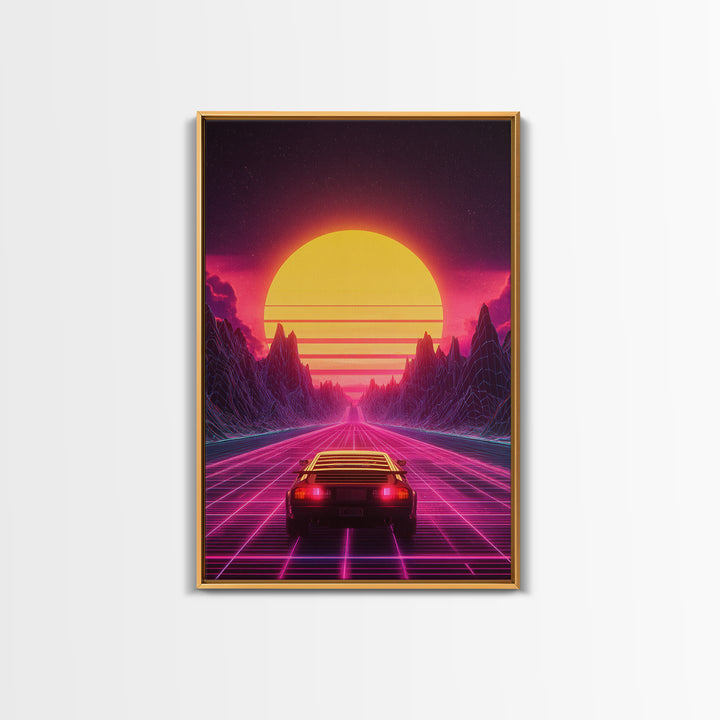 Retro Futuristic Neon Sunset Landscape With Car Driving On Road Wall Art Canvas Print Modern Home Decor For Living Room